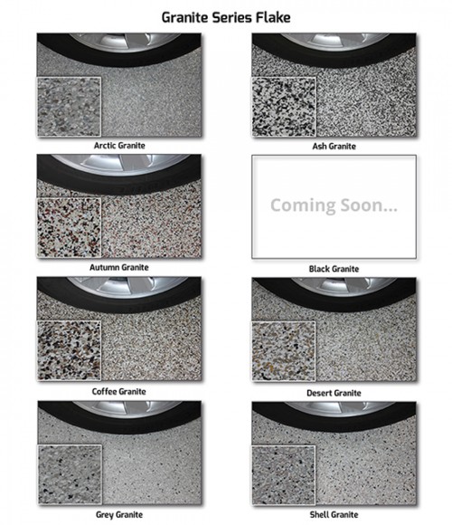 A colour chart showing the 8 flake colours in the Granite Series from Epoxy Club.